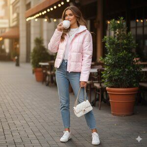 NWOT AllenAllen Women Medium Full Zip Puffer Jacket High Neck Pink 2-Pocket Twee